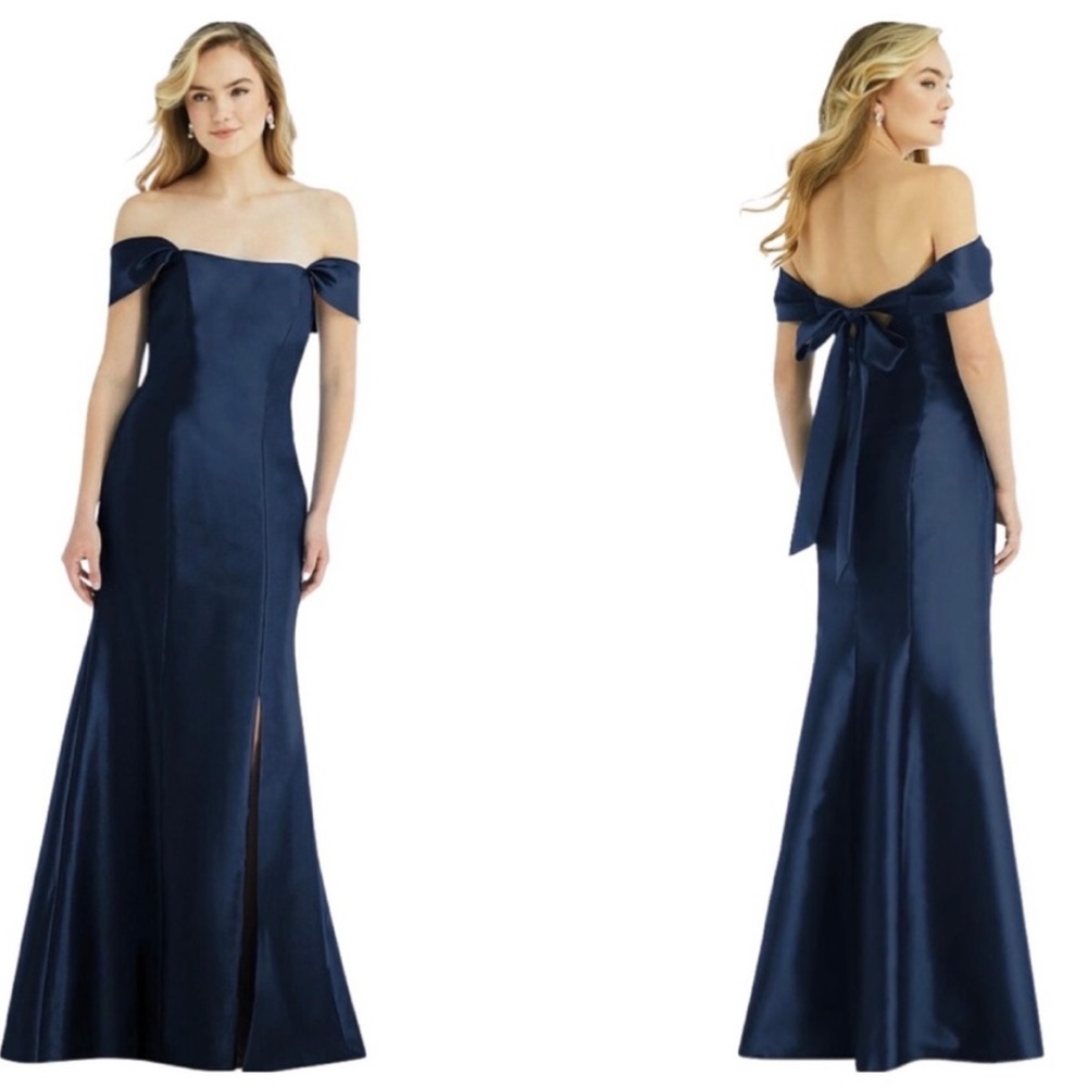 Alfred Sung Off-the-Shoulder Bow-Back Satin Trumpet Gown - D793